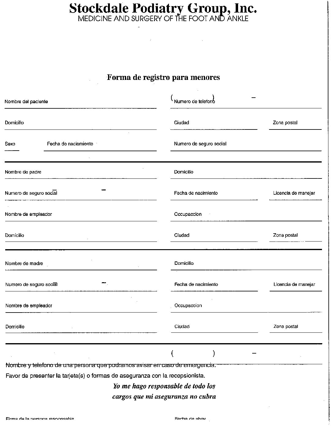 Registration-Form-Spanish • Stockdale Podiatry Group • Bakersfield, Ca with Printable Spanish Patient Registration Form