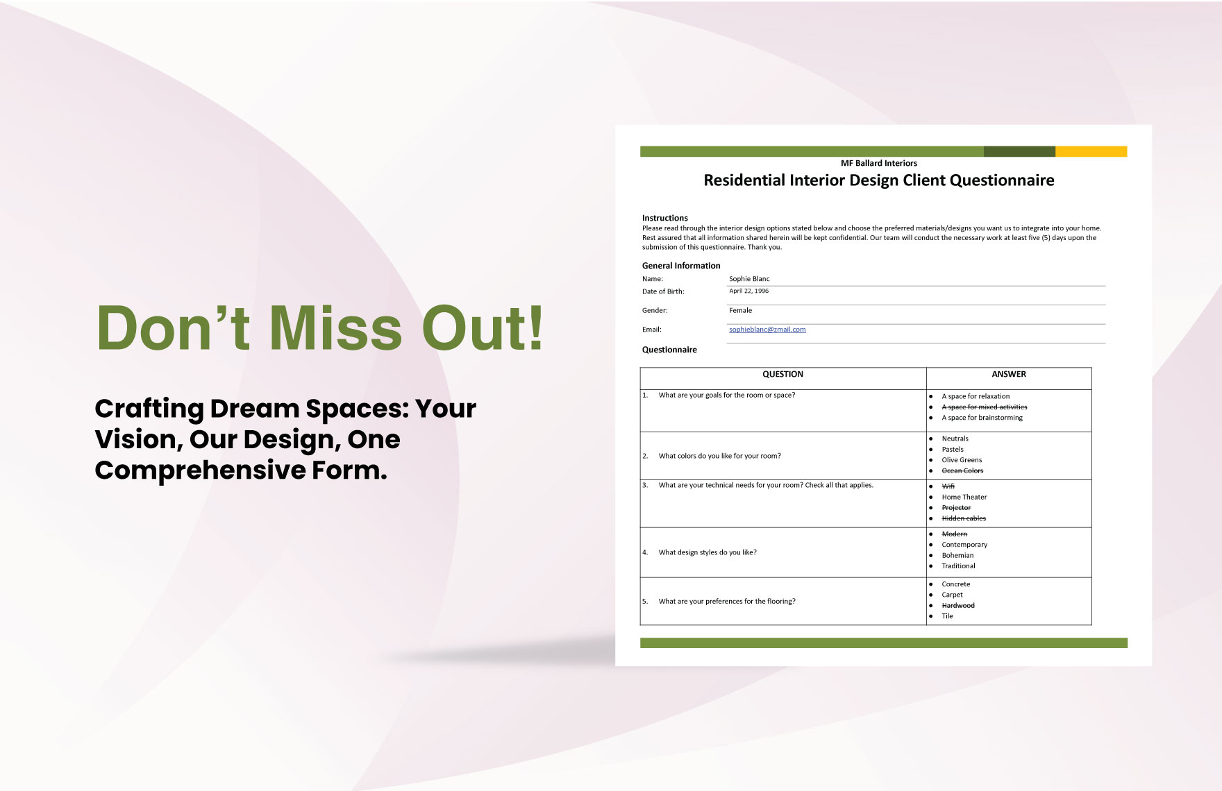 Residential Interior Design Client Questionnaire In Excel, Word throughout Residential Interior Design Job Applications Form Printable