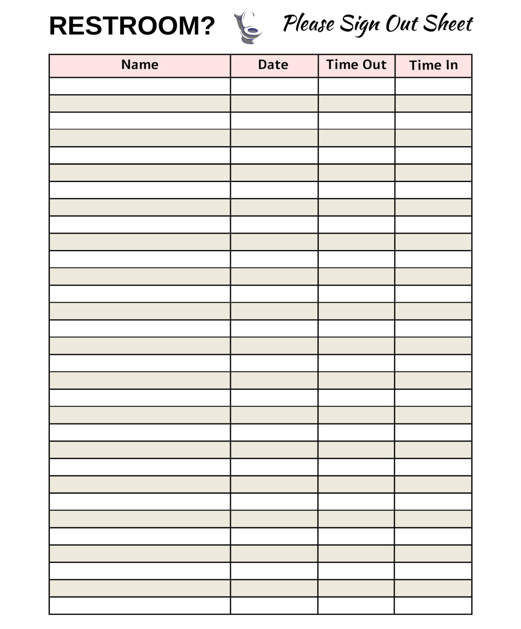 Restroom Sign Out Sheet Printable, Classroom Organization Template with Bathroom Sign Out Sheet Printable
