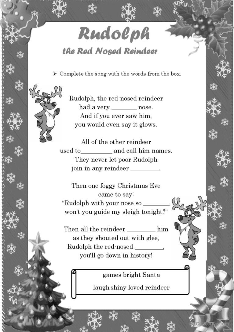 Rudolph The Red Nosed Reindeer- Song…: English Esl Worksheets Pdf in Printable Lyrics Rudolph The Red Nosed Reindeer