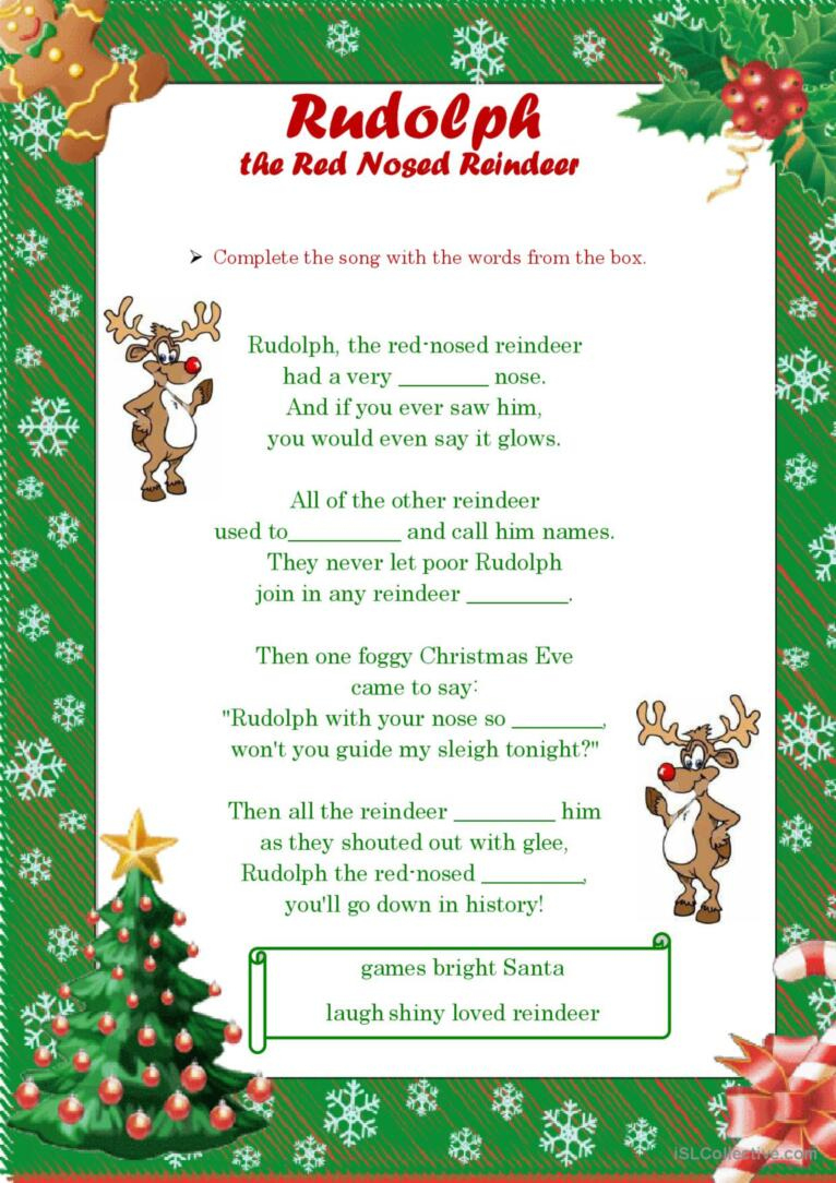 Rudolph The Red Nosed Reindeer- Song…: English Esl Worksheets Pdf intended for Printable Lyrics Rudolph The Red Nosed Reindeer