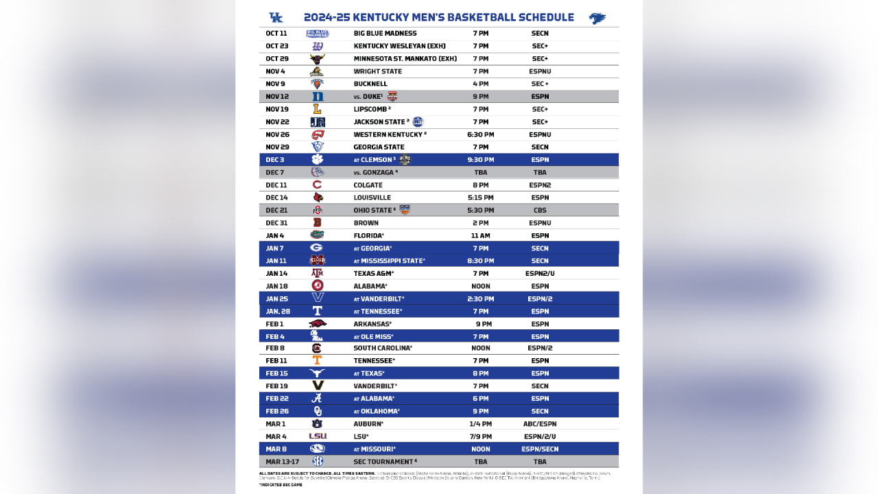 Sec Unveils Men&amp;#039;S Basketball Broadcast Schedule, Uk Releases Full within Printable Uk Basketball Schedule