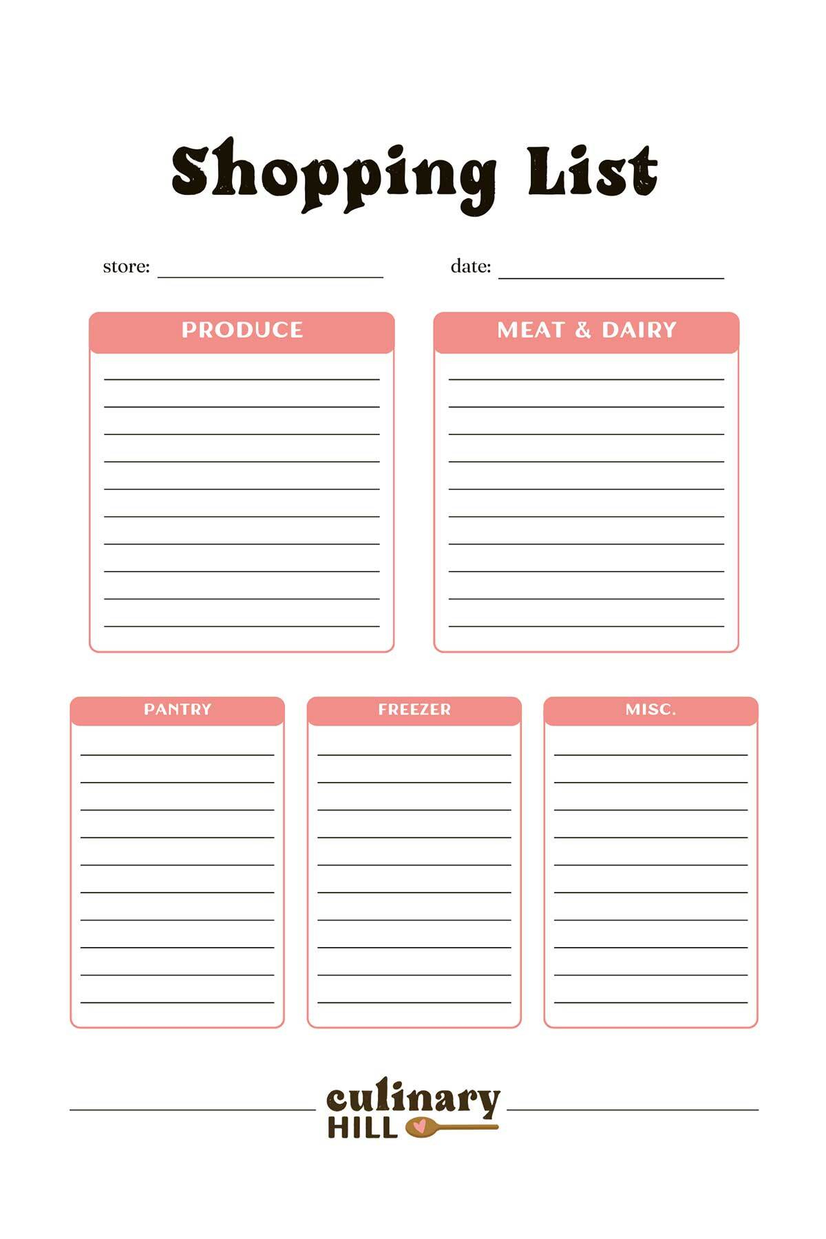 Shopping List Template - Culinary Hill inside Printable Shopping List By Category