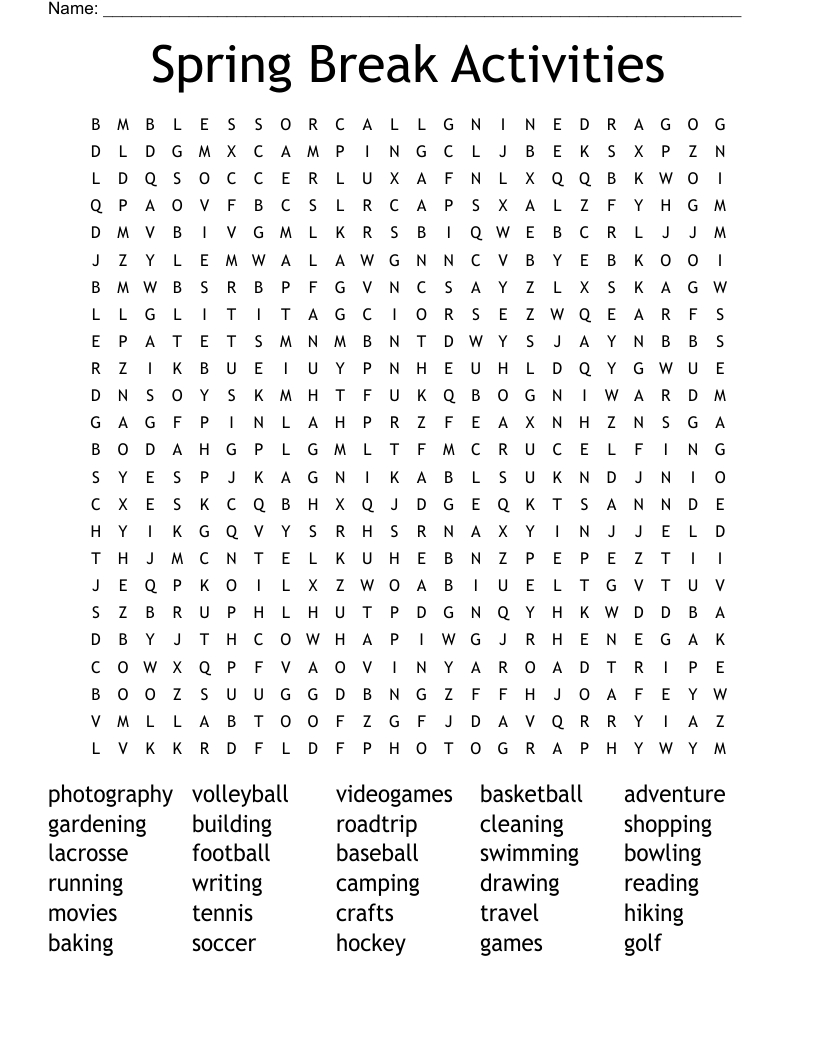 Spring Break Activities Word Search - Wordmint in Spring Break Word Search Printable
