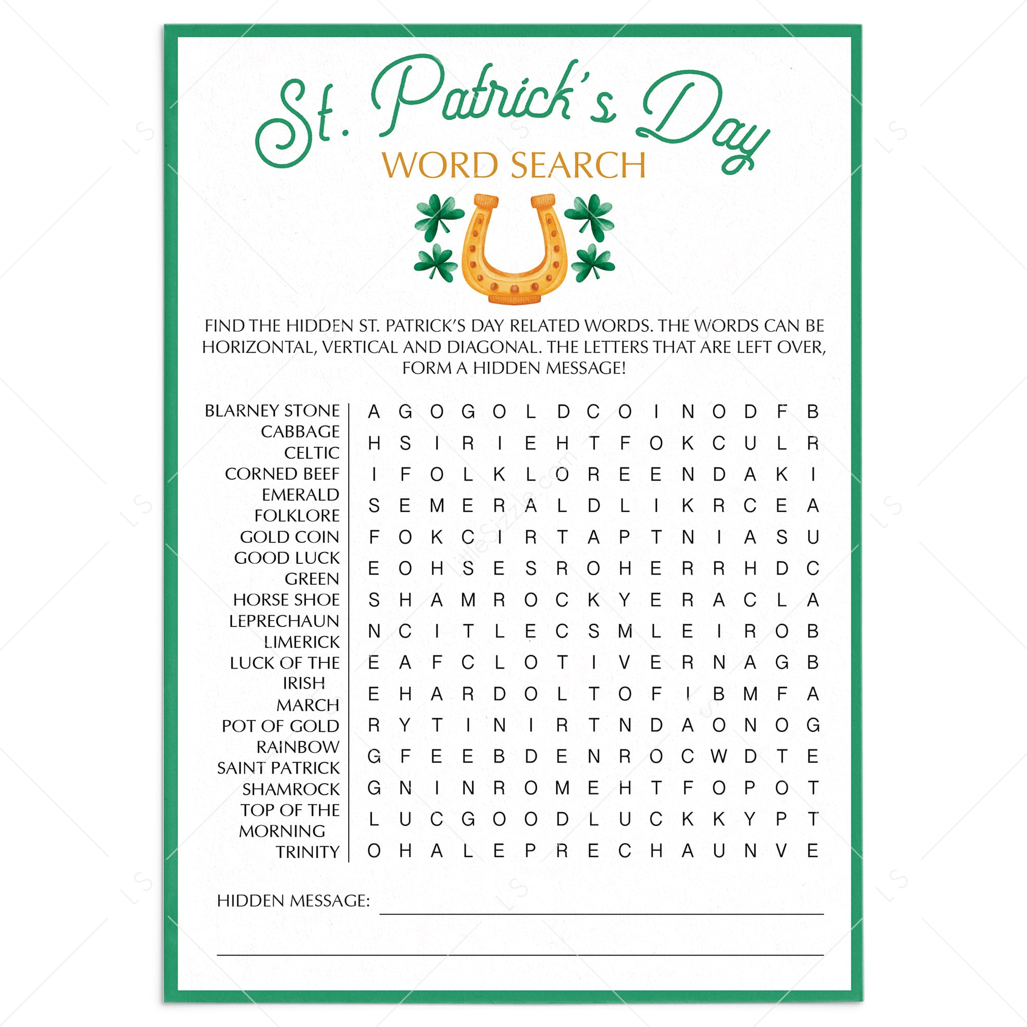 St. Patricks Day Word Search Printable | Instant Download within Printable St Patrick&amp;#039;S Day Word Search