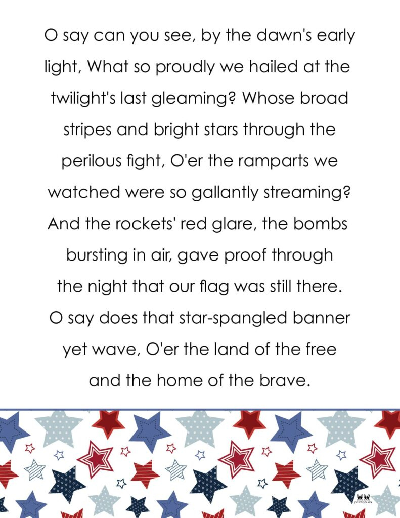Star Spangled Banner Lyrics - 10 Free Printables | Printabulls within Printable Words to Star Spangled Banner
