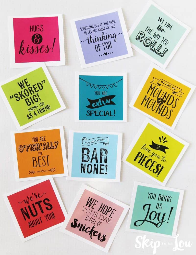 Super Sweet Care Package With Free Printable Gift Tags for Free Printable Candy Bar Sayings