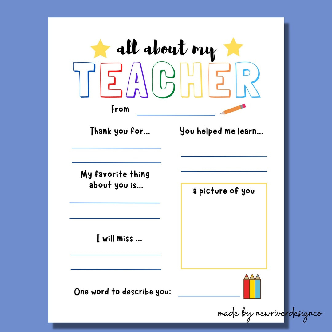 Teacher Thank You Printable: All About My Teacher Questionnaire inside All About My Teacher Printable