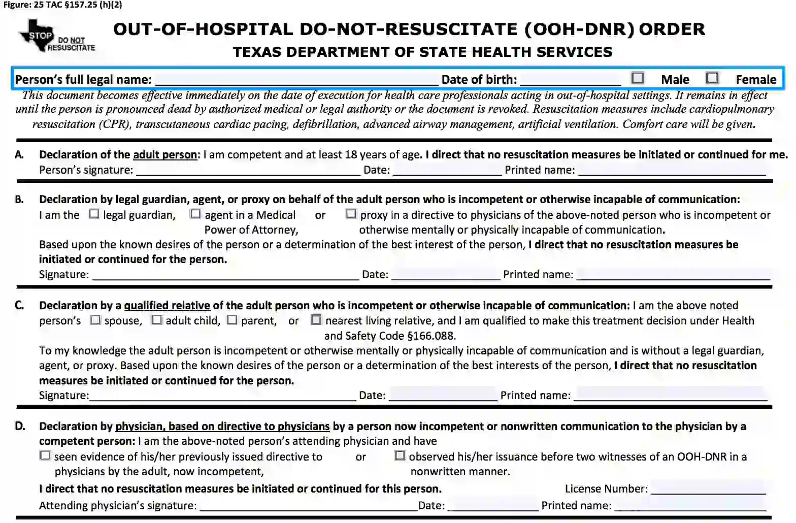 Texas Dnr Form | Tx Do Not Resuscitate Order Template for Free Printable Dnr Form Texas