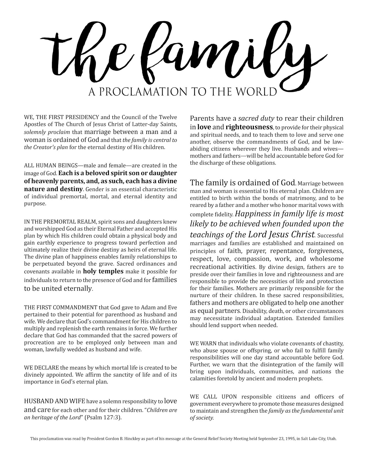 The Family Proclamation Printable Free with A Proclamation To The World Printable