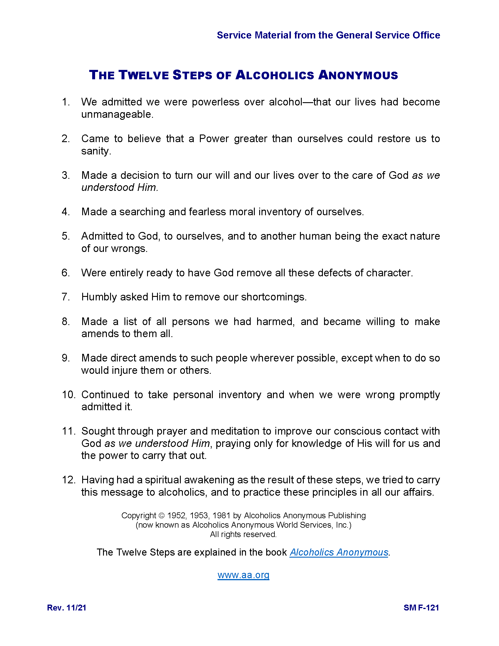 The Twelve Steps Of Alcoholics Anonymous | Alcoholics Anonymous with 12 Steps Of Alcoholics Anonymous Printable
