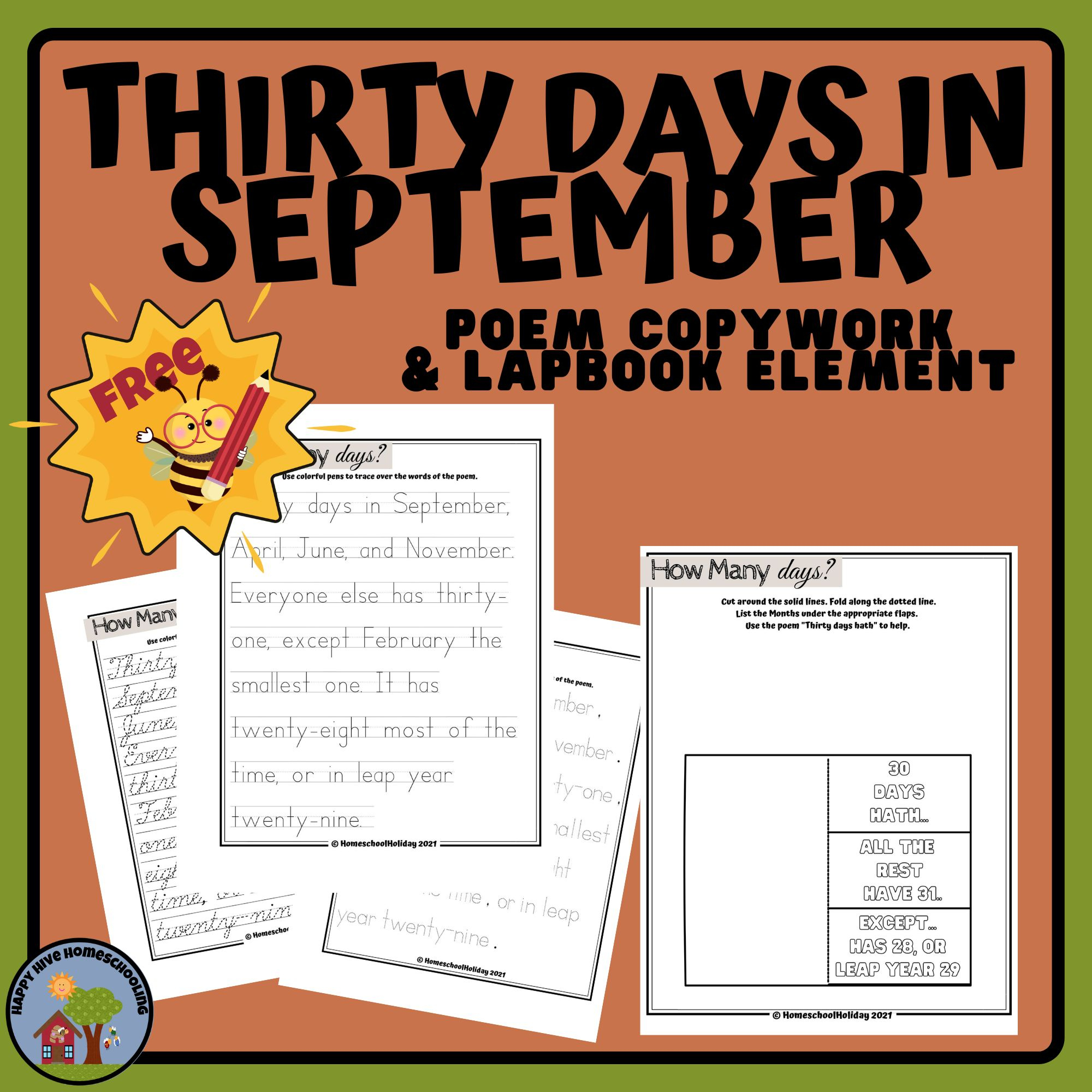 Thirty Days In September Poem Copywork - Happy Hive Homeschooling for 30 Days Hath September Poem Printable