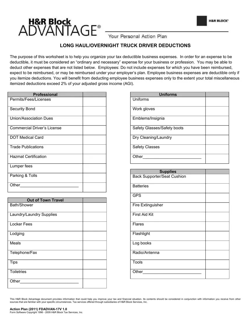 Truck Driver Expenses Worksheet Pdf Form - Formspal for Printable Truck Driver Expense Owner Operator Tax Deductions Worksheet