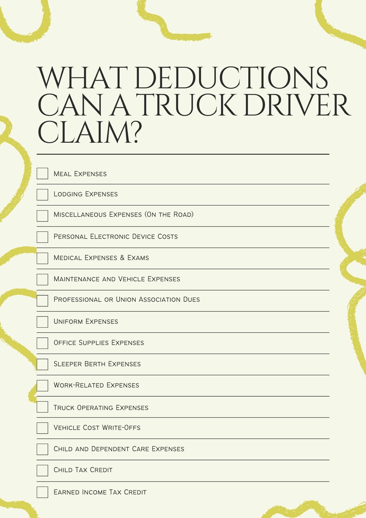 Truck Driver Tax Deductions 2023 (+ Download Free Worksheet) intended for Printable Truck Driver Expense Owner Operator Tax Deductions Worksheet