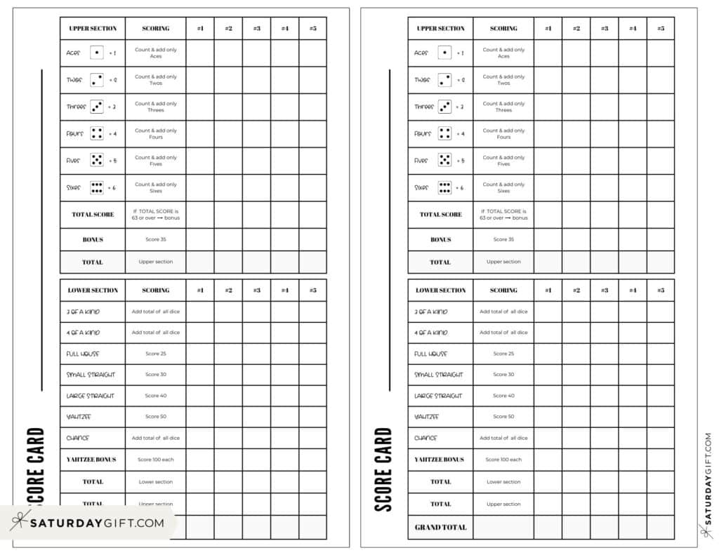 Yahtzee Score Card - Printable Yahtzee Score Sheets | Saturdaygift intended for Printable Yahtzee Score Sheets 2 Per Page